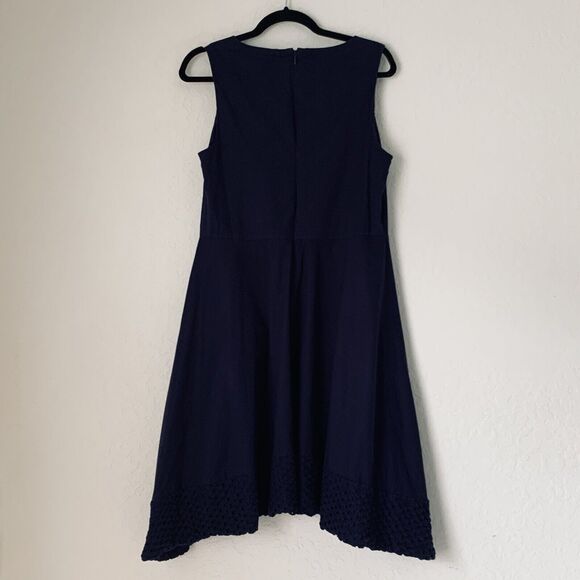 Elle Dress Women 12 Navy Blue Sleeveless Hi Low Hem Cotton Stretch Flowy Nautic - Picture 2 of 11
